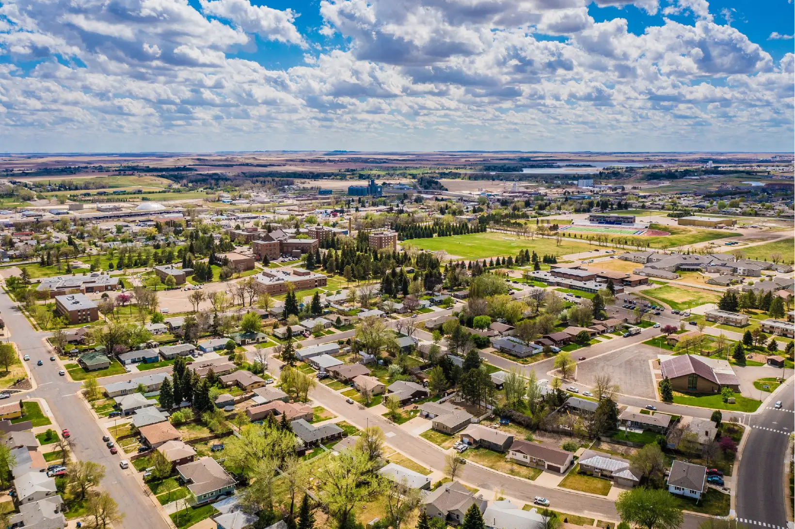 Drone shot of a beautiful neighborhood in Dickinson, North Dakota, 2025
