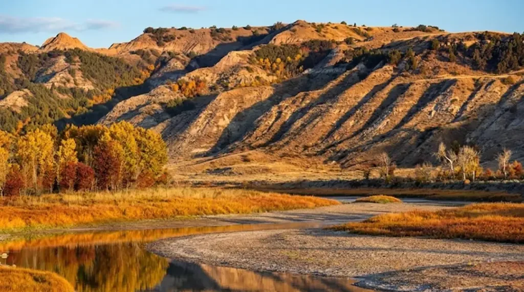 Theodore Roosevelt National Park in North Dakota with colorful fall foliage, river bend, and rugged badlands landscape